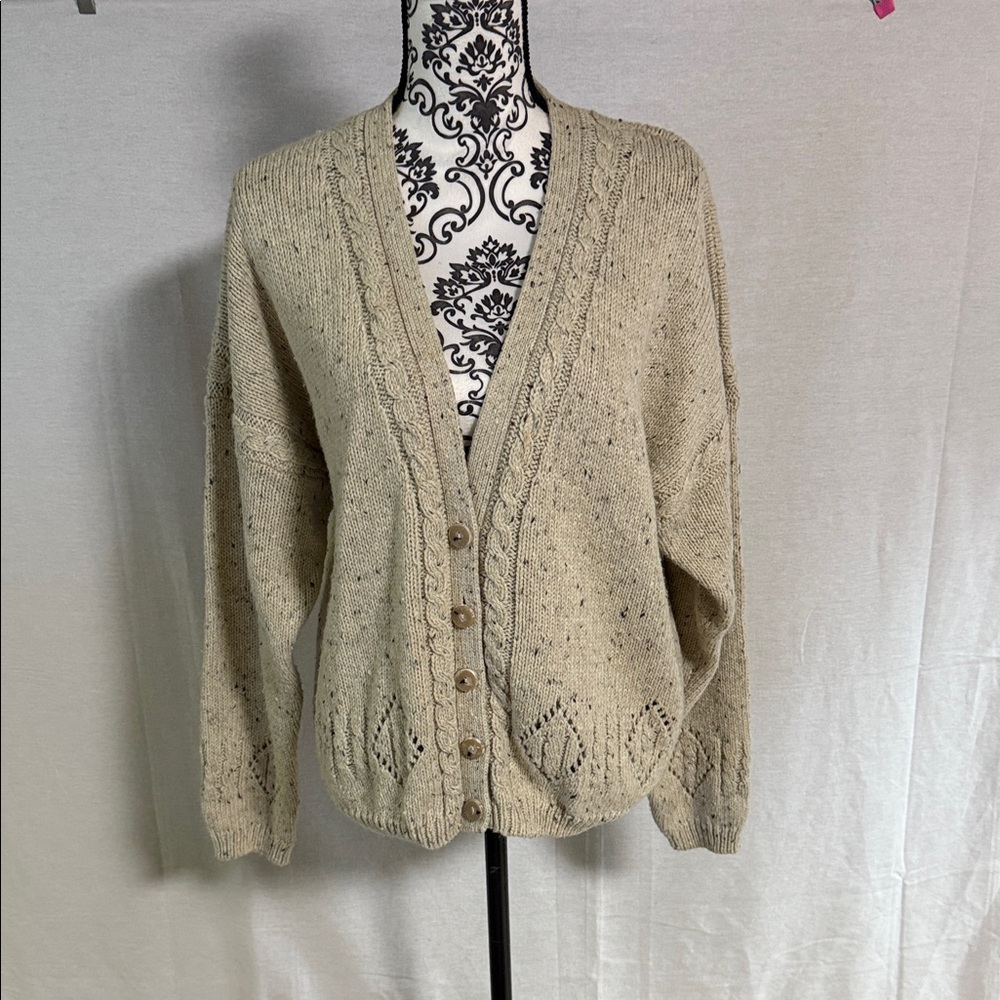 Outback Red Beige Button-Up Cardigan Crochet Open Knit Vintage 80ās Cozy Cabin
